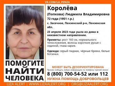 В Пензенском районе пропала 72-летняя Людмила Королева (Попкова)