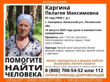 В Белинском районе пропала 91-летняя Пелагея Каргина